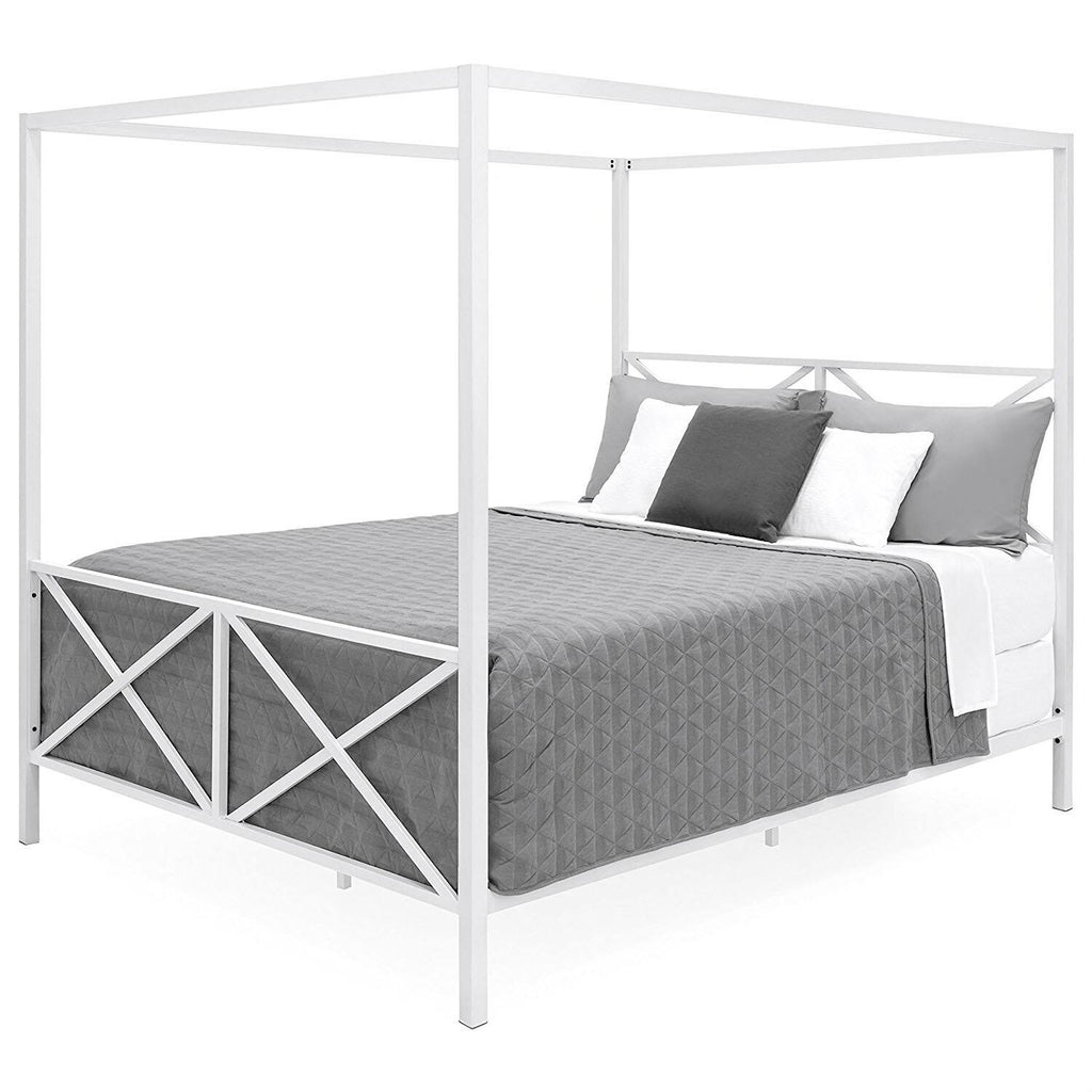 Queen Size White Metal Canopy Bed Frame K35401