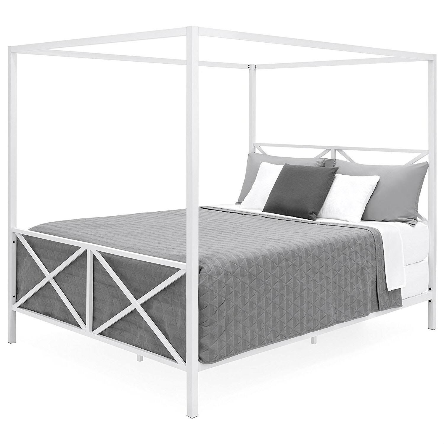Queen Size White Metal Canopy Bed Frame K35401