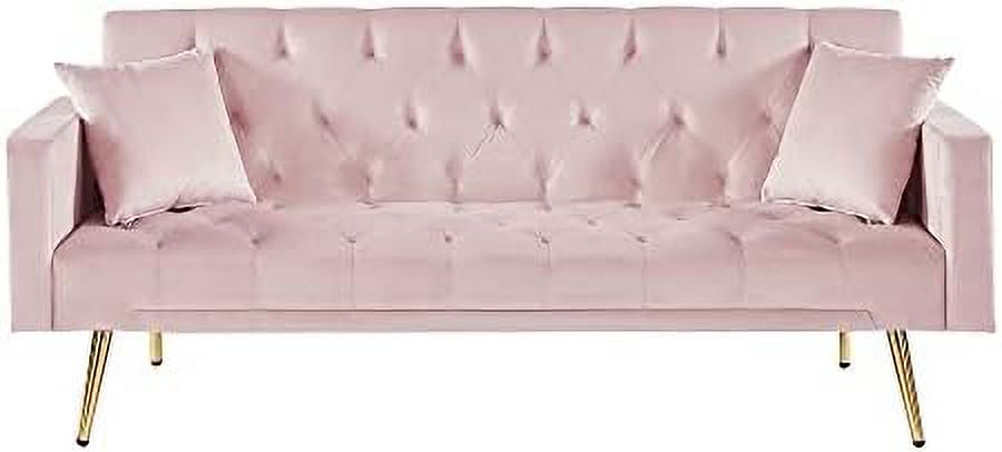 Pink Velvet Futon Sofa Bed with Two Pillows and Metal Legs L36056