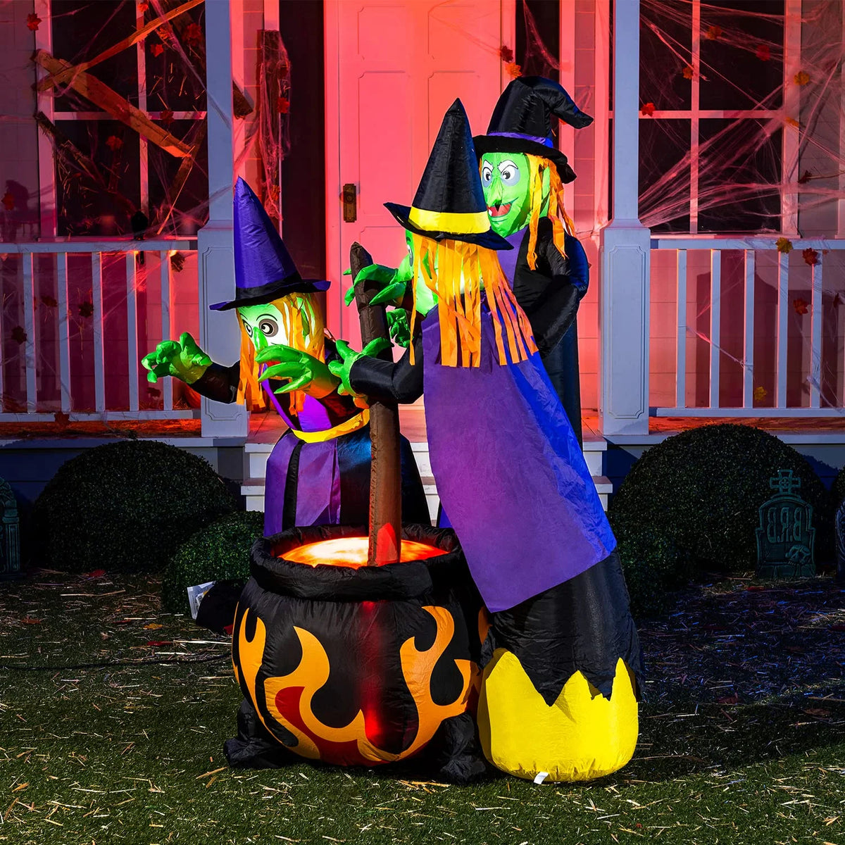 6 FT Tall Halloween Inflatable Three Witch Around Cauldron with Flame Light D25339