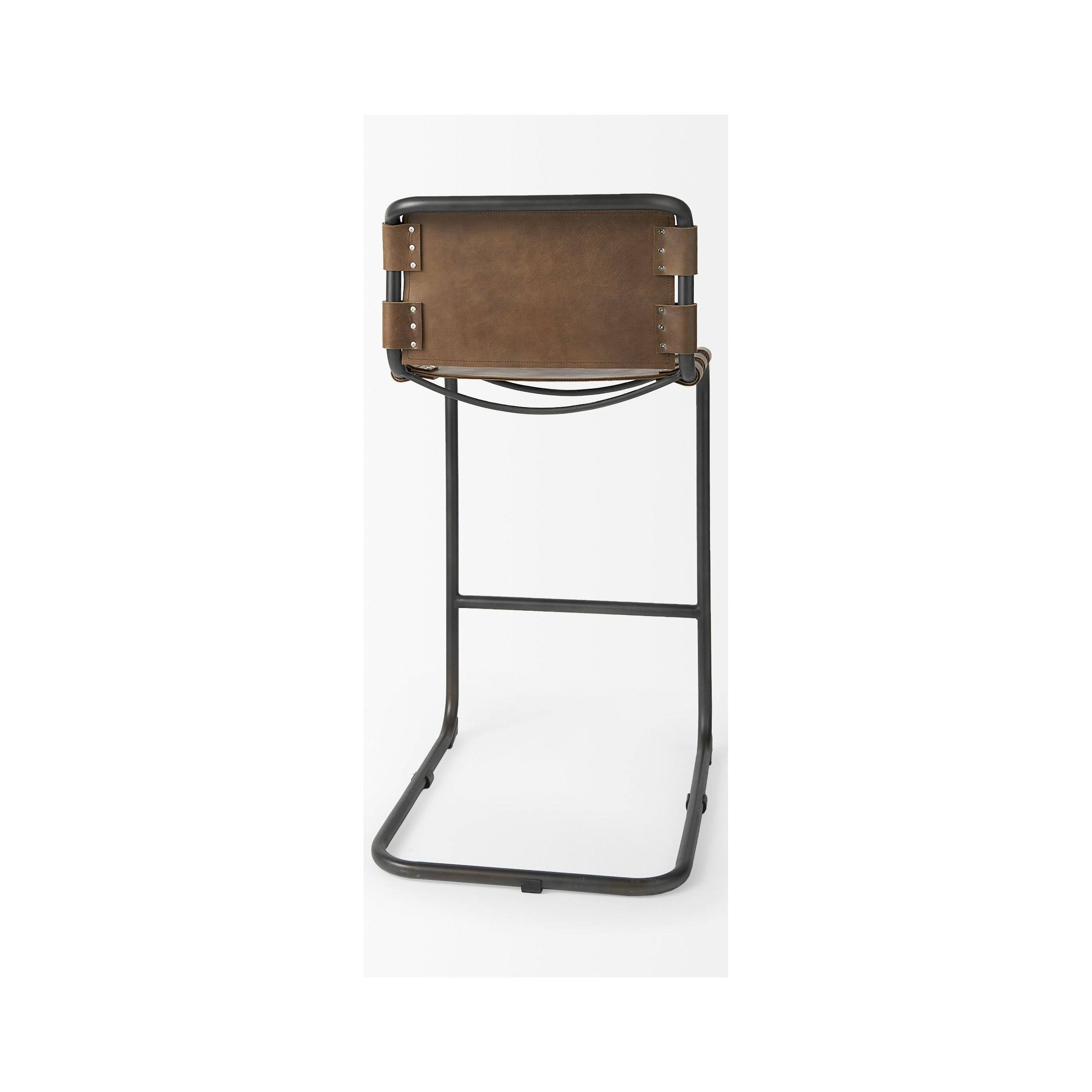 Medium Brown Leather Bar Stool with Iron Frame T814