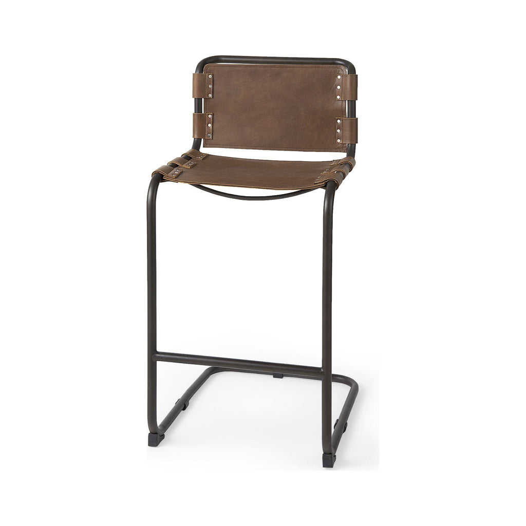 Medium Brown Leather Bar Stool with Iron Frame T814