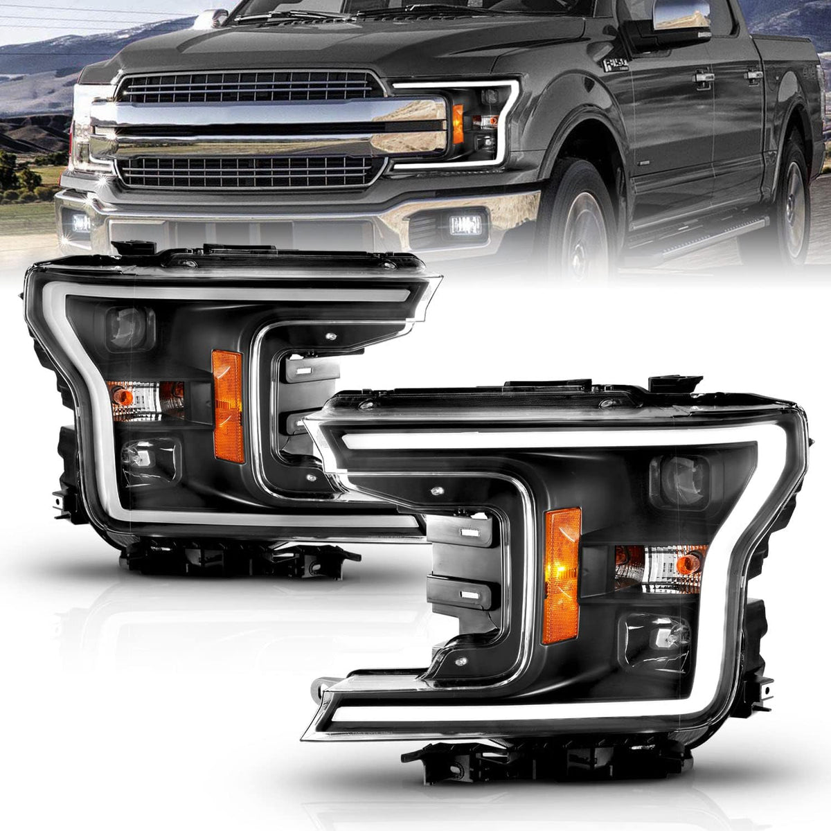 Black Quad Projector Headlights with LED Light Bar Assembly Set B508