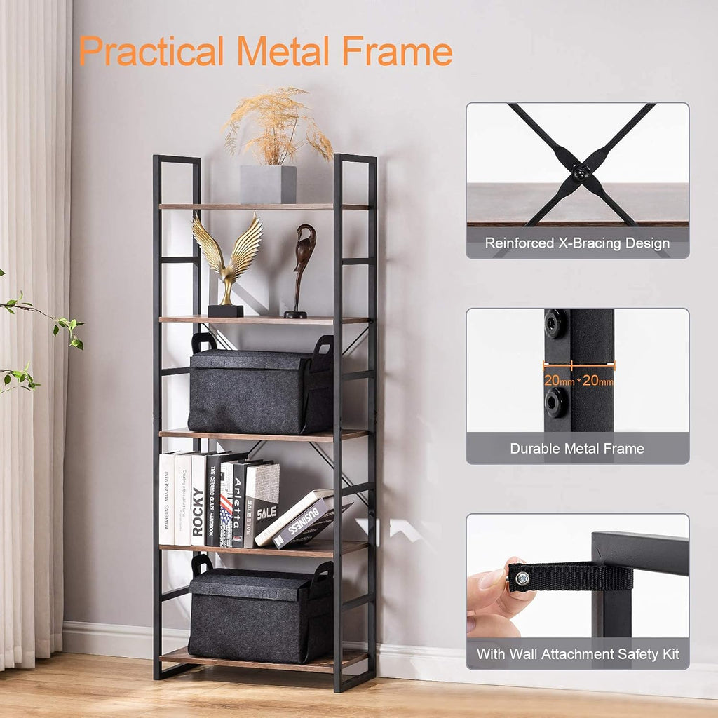 5 Tier Tall Bookshelf Bookcase, Brown Y270