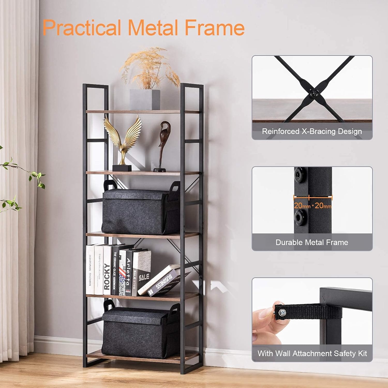 5 Tier Tall Bookshelf Bookcase, Brown Y270