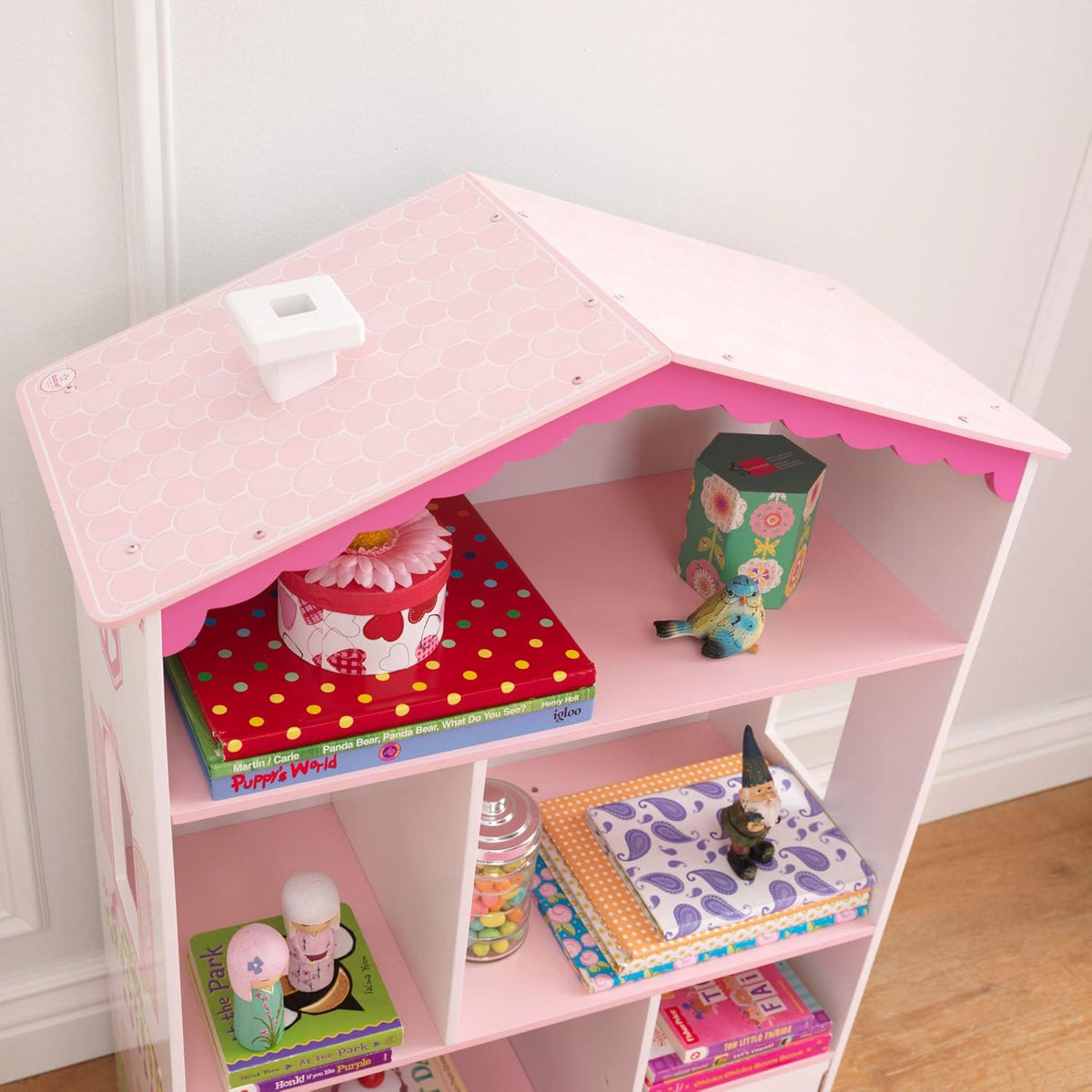 Wooden Dollhouse Bookcase with Shelves and Hidden Storage J389671