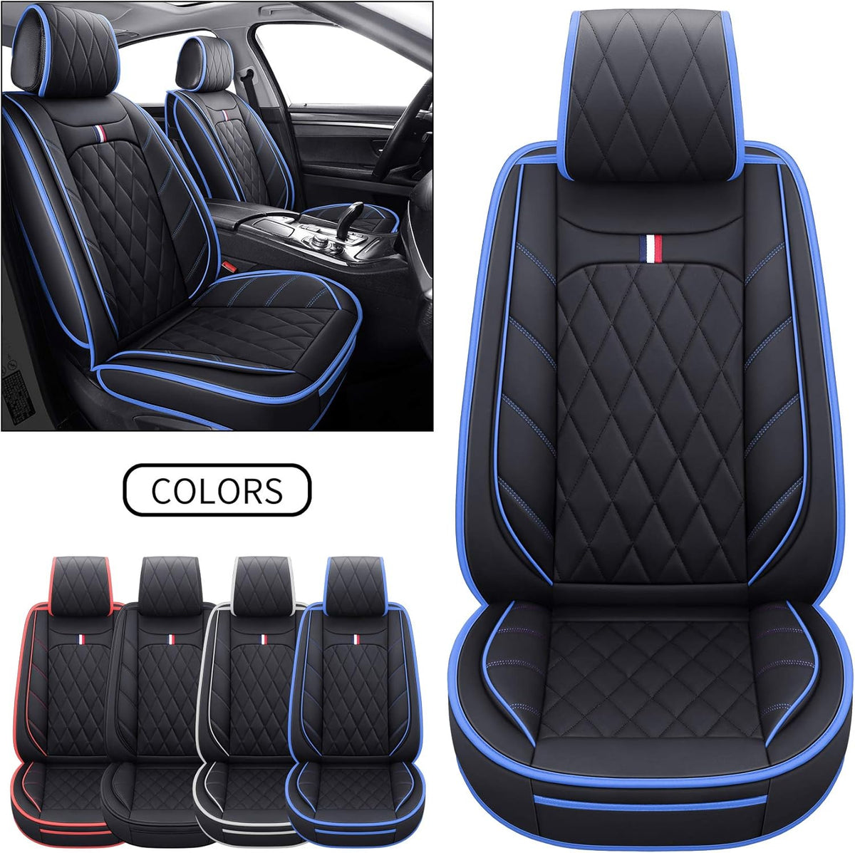5 Car Seat Covers Full Set Waterproof Leather Automotive Cushions Split Bench 40/60 Universal (Full Set, Black-Blue) O12474