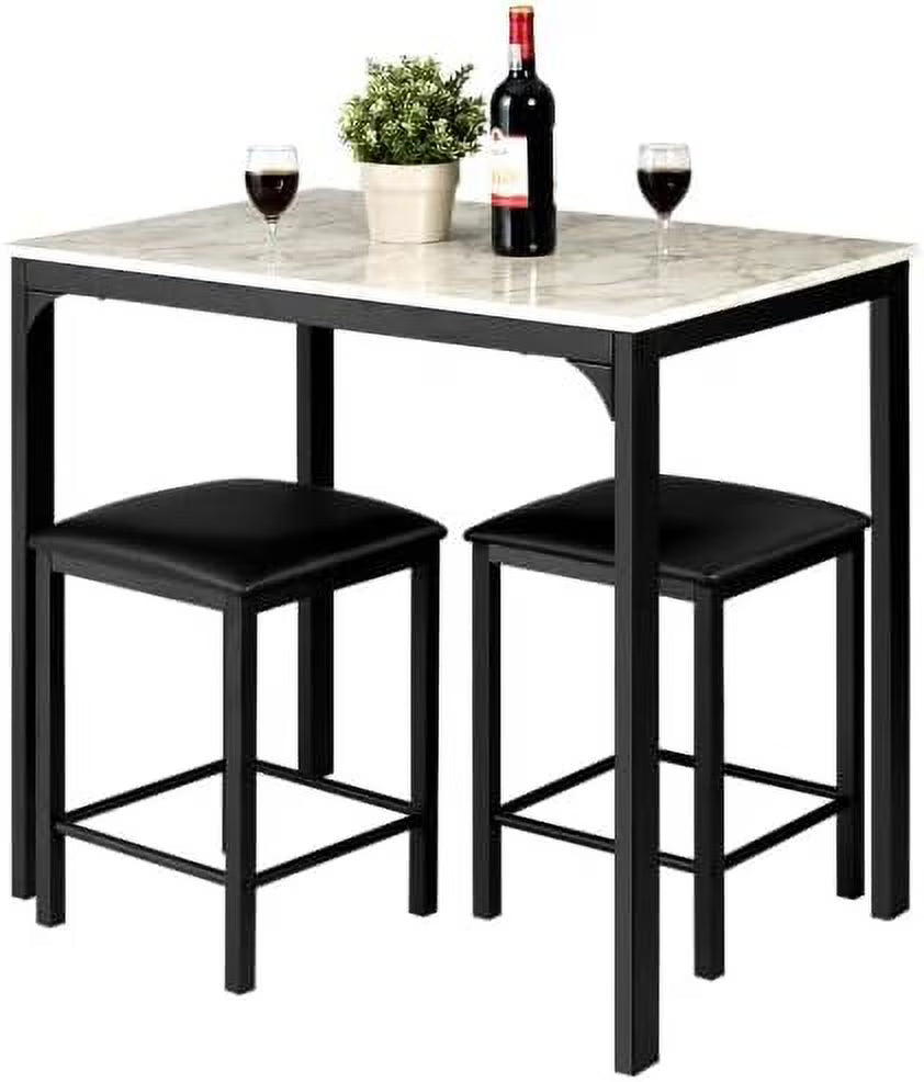 Black 3 Pieces Dining Table Set with Faux Marble Tabletop and PU Leather Stools E99979