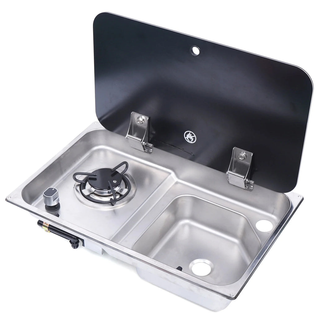 1 Burner Gas Stove Hob Sink Combo with Black Glass Lid Faucet D986