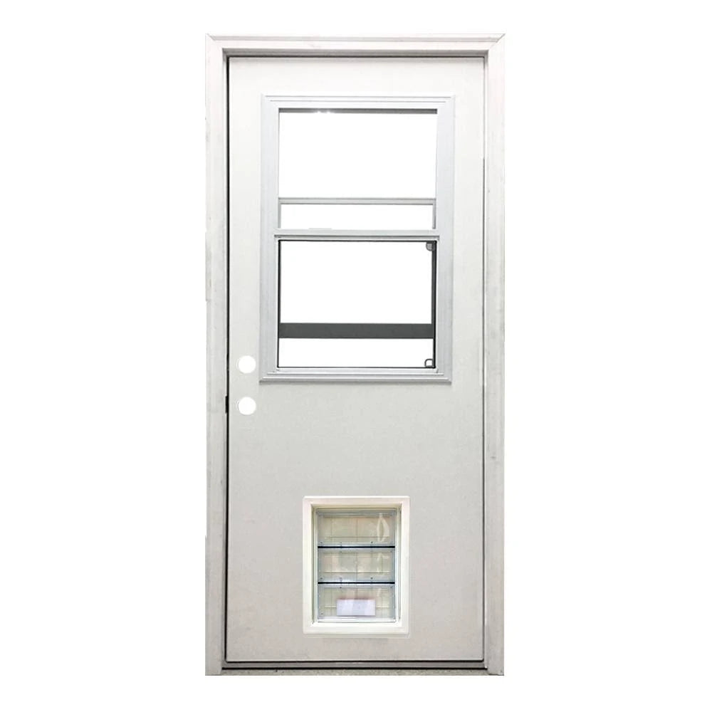 White Primed Fiberglass Prehung Back Door with XL Pet Door V660