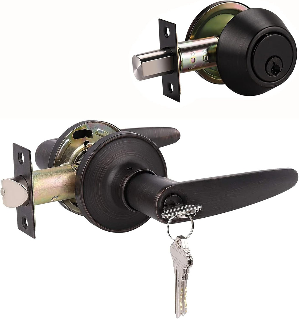 2 Pack Keyed Entry Door Lever and Single Cylinder Deadbolt Combination Set in Matte Black Finish I6874