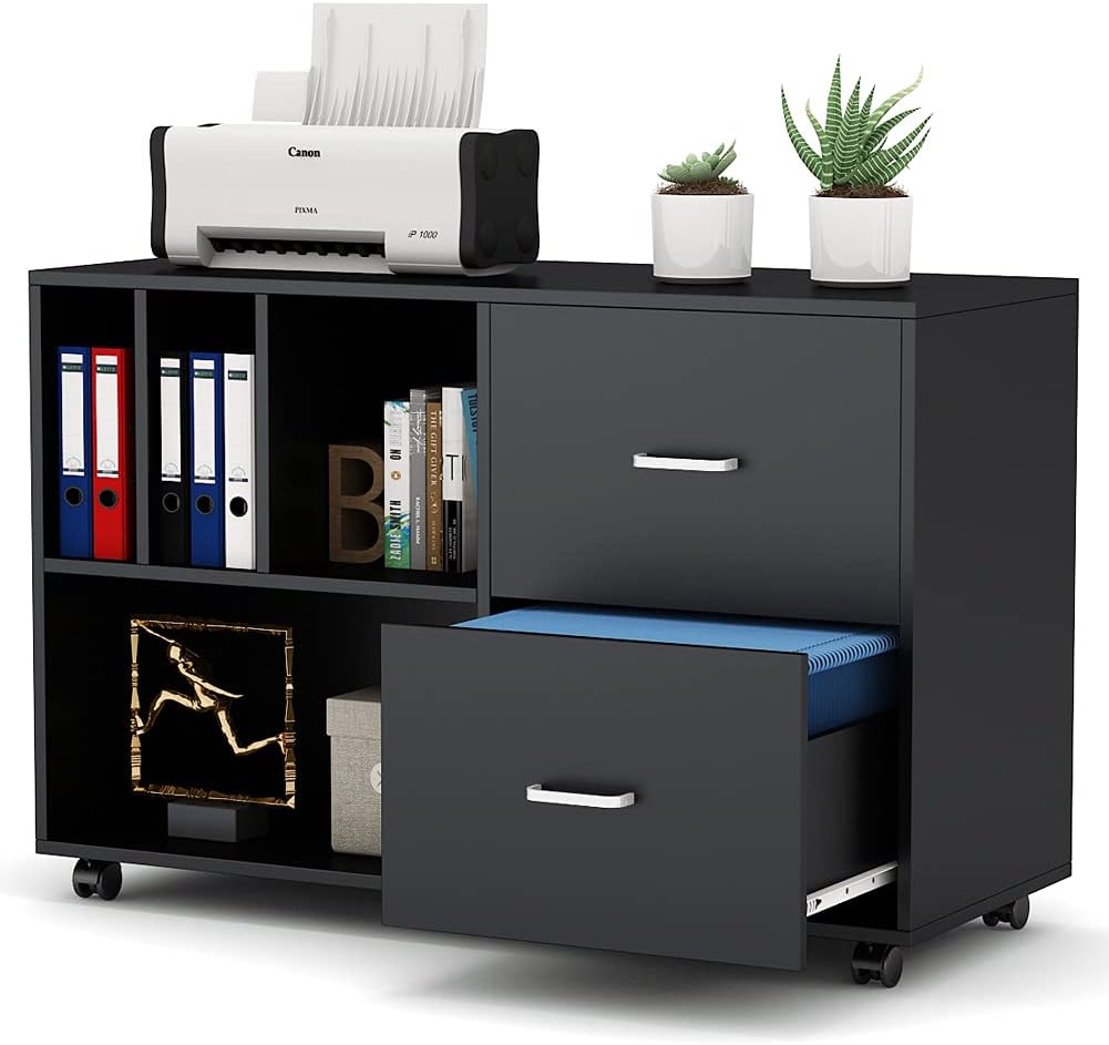 2-Drawer Mobile Filing Cabinet Printer Stand with Wheels and Open Storage Shelves (White) J9913