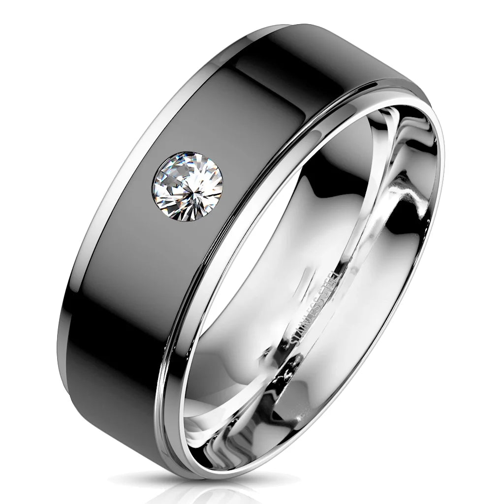 3 Piece Sterling Silver Black Wedding Band Engagement Ring Set V278796