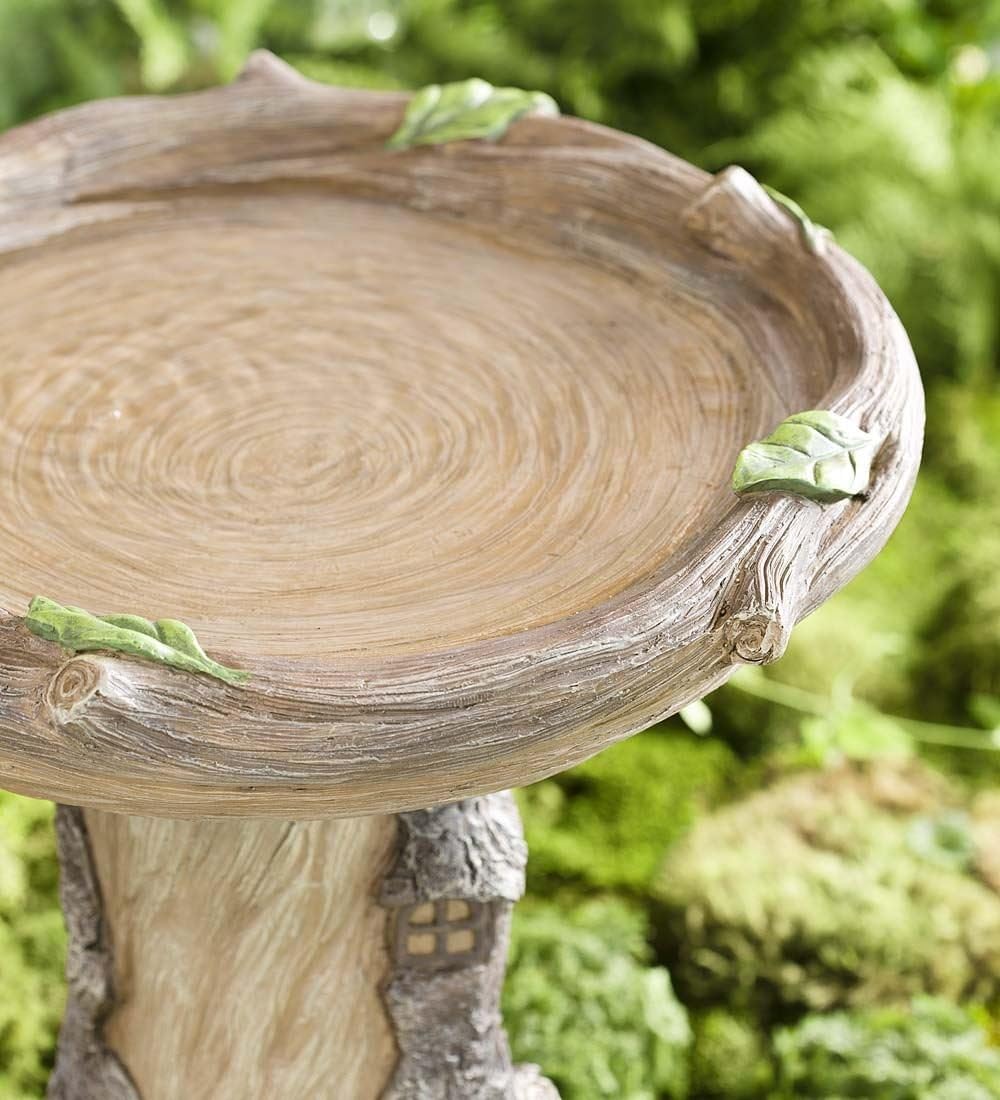Full-Size Fairy Garden Birdbath with Miniature Fairy House in A Tree Stump, Hand-Painted Wood-Look Resin, 18 Dia. x 23½H Pack of 2 N183