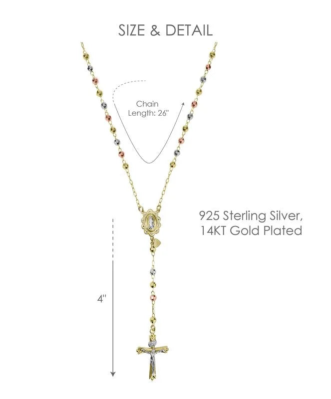 14K Gold Plated Sterling Silver Tri Color Beads Rosary Necklace 26" V9547