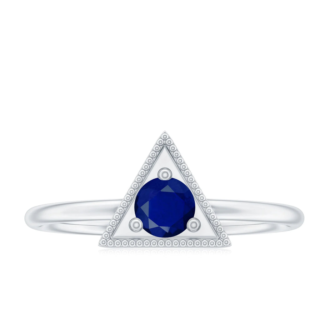 Blue Sapphire Triangle Shape Gold Milgrain Ring, 925 Sterling Silver, US 4.00 D462