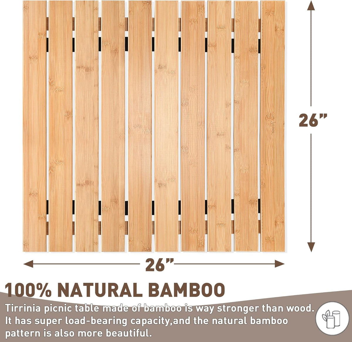 26x26in Foldable Bamboo Picnic Table with Carrying Bag Z87990