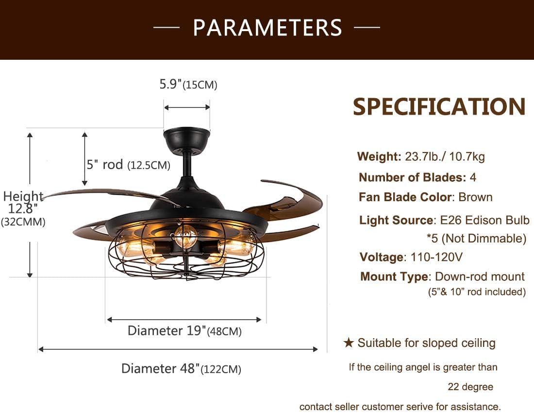 48 Reversible Industrial Ceiling Fan with Lights and Remote Black M822438