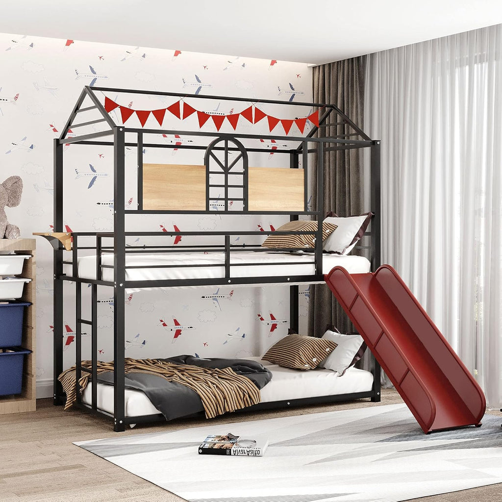 Twin Over Twin Metal Bunk Bed with Slide and Integrated Ladder, Black X460