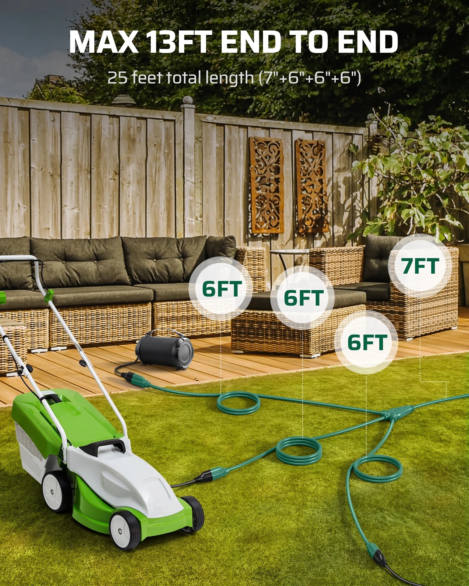 25 FT Outdoor Extension Cord with 3 Outlets, 16 AWG 3 Prong Grounded Green Power Cord C709789