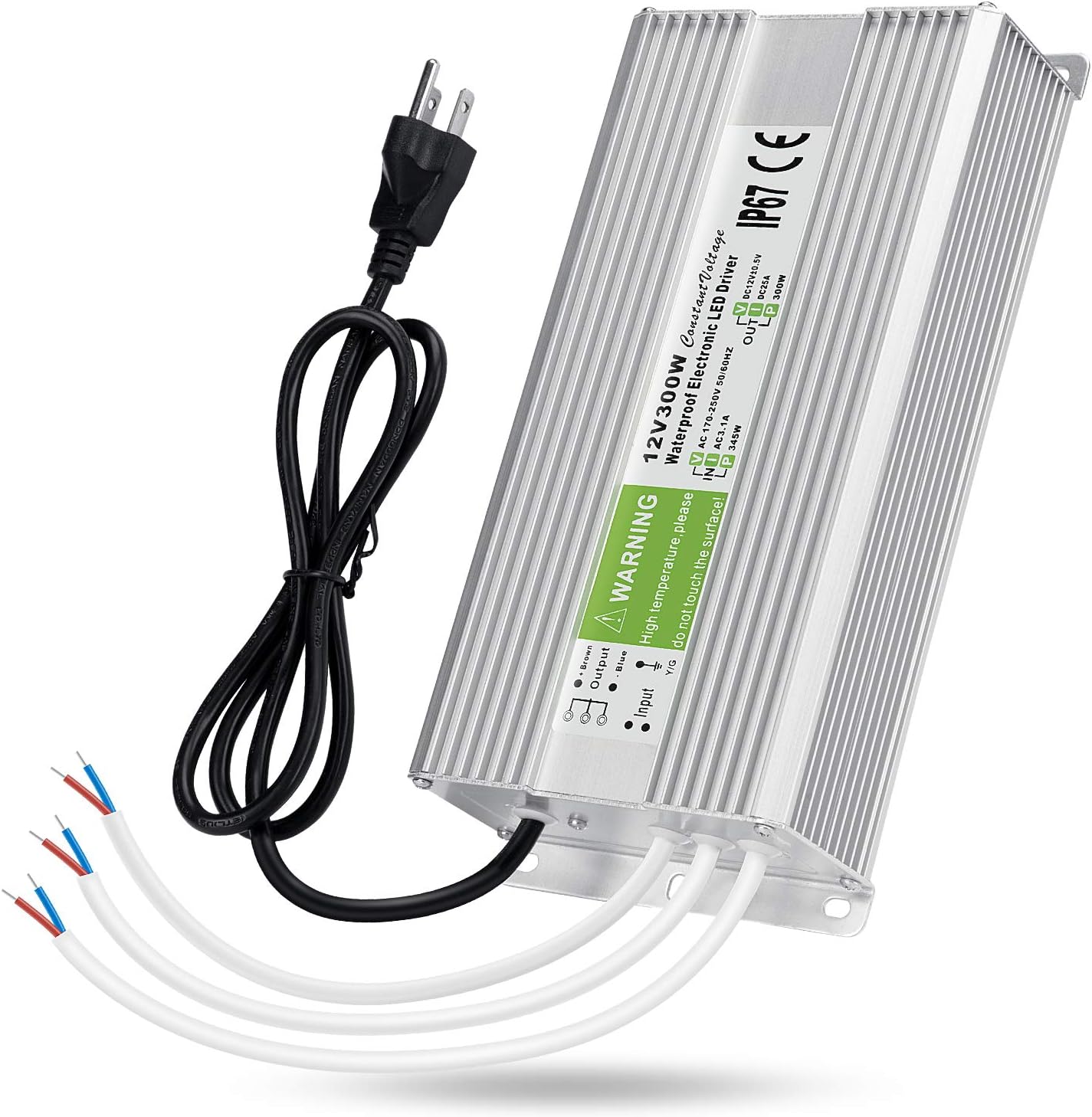LEDMO IP67 Power Supply 300 Watts DC12V 25A AC/DC Driver Transformer Adapter Low Voltage Output with 3-Prong Plug 3.3 Feet Cable Y514