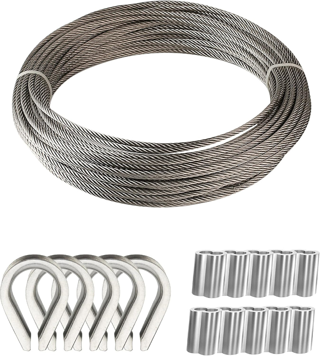 200 Ft 1/8 Metal Wire Rope with Loop Sleeve and Stainless Steel Thimble E33400