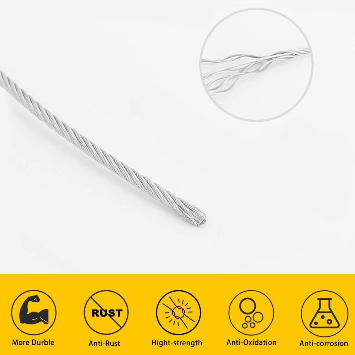 200 Ft 1/8 Metal Wire Rope with Loop Sleeve and Stainless Steel Thimble E33400
