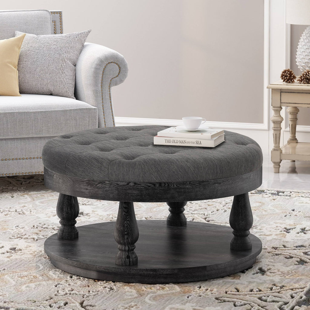 Charcoal and Gray Fabric Round Ottoman U473658