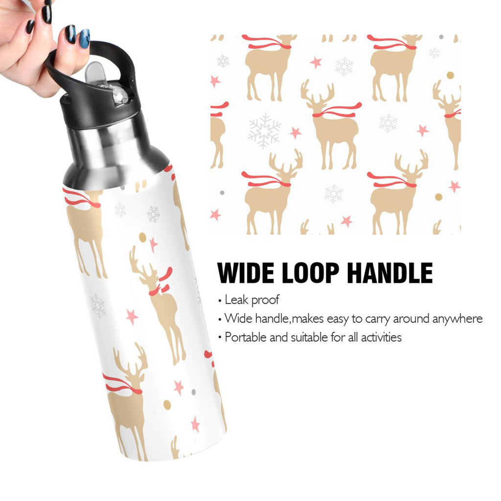 Gold Deers and Snowflakes Stainless Steel Insulated Water Bottle with Straw Lid T628