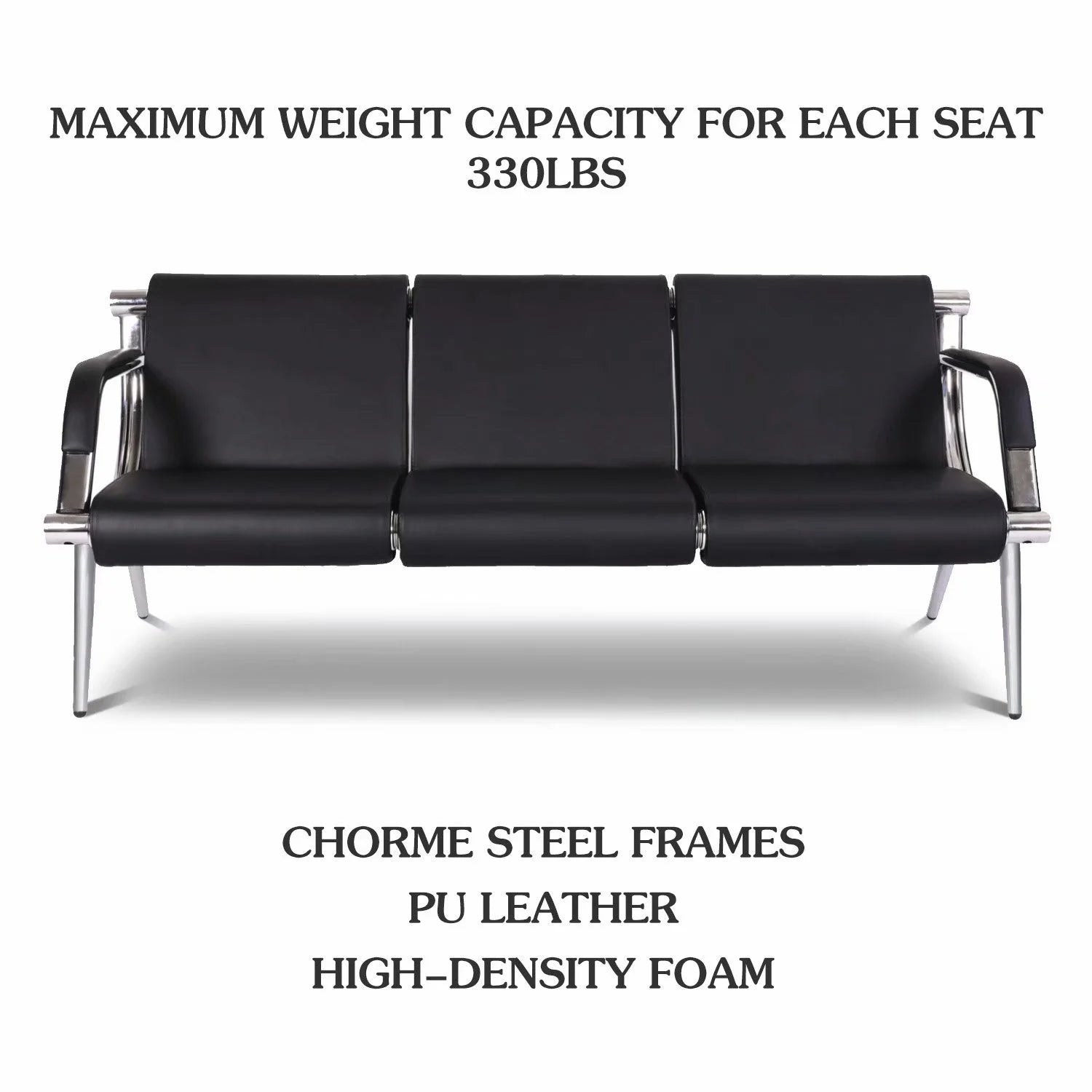 Black Steel Frame 3 Seats PU Leather Reception Bench R9605
