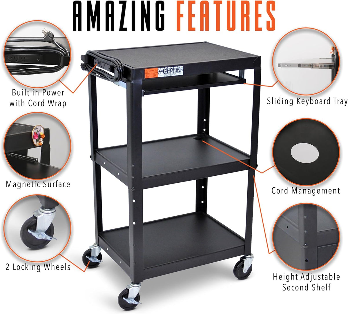 AV Cart on Wheels with Height Adjustable Top Shelf, Pullout Keyboard Tray, 15 ft Power Cord, 42in x 24in x 18in, Black Q56535