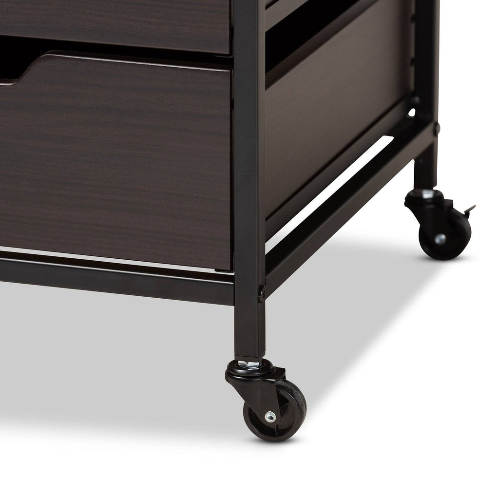 Espresso Wood and Black Metal Mobile File Cabinet 3-Drawer O2602