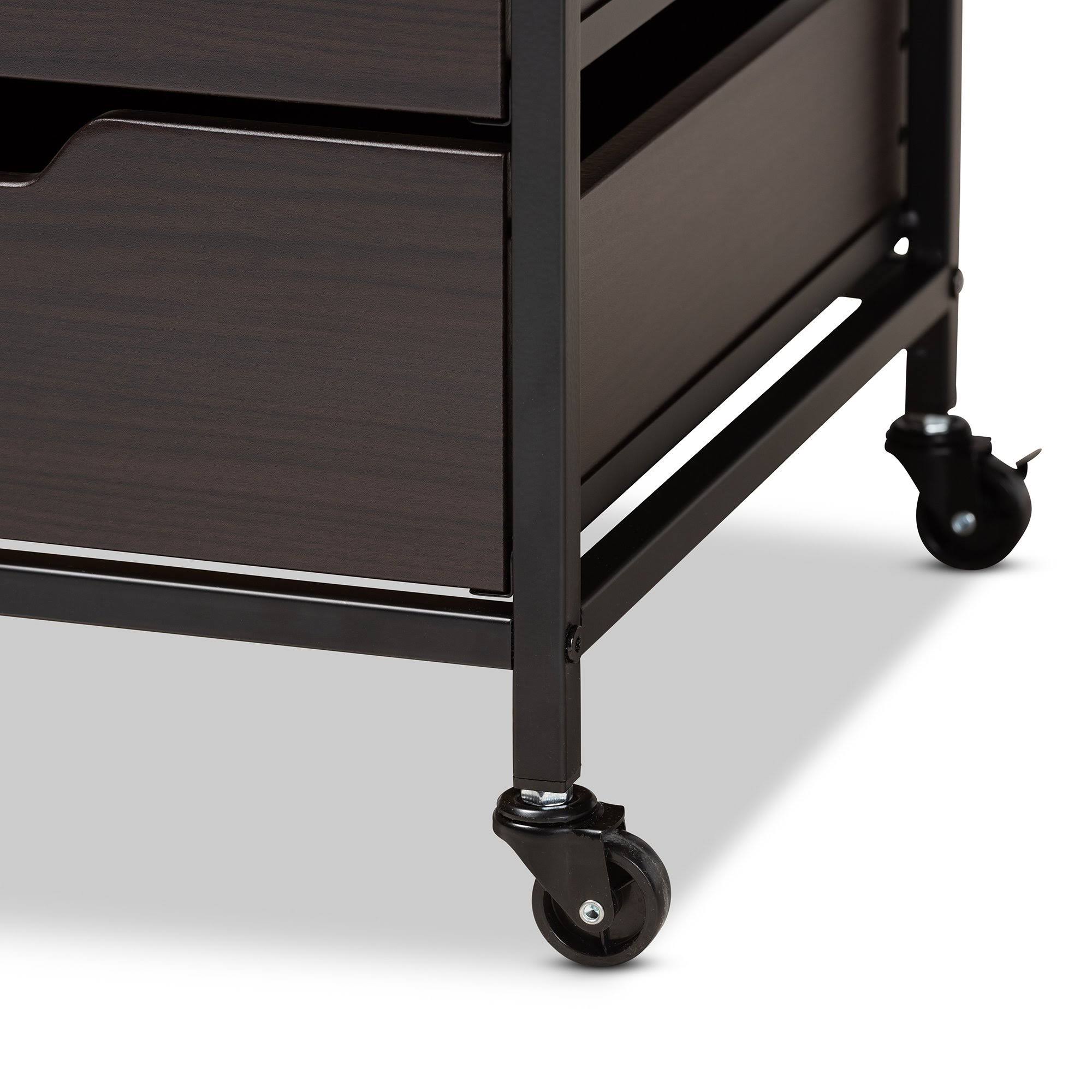 Espresso Wood and Black Metal Mobile File Cabinet 3-Drawer O2602