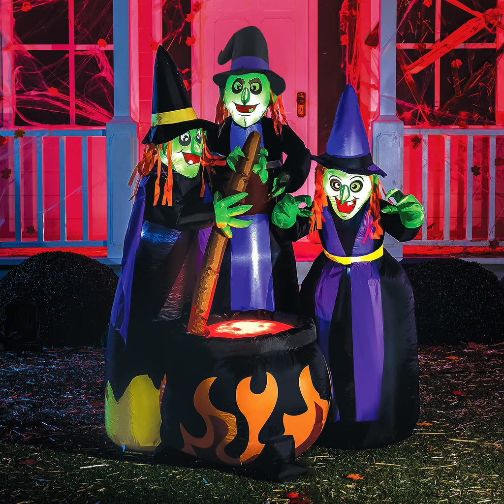 6 FT Tall Halloween Inflatable Three Witch Around Cauldron with Flame Light D25339