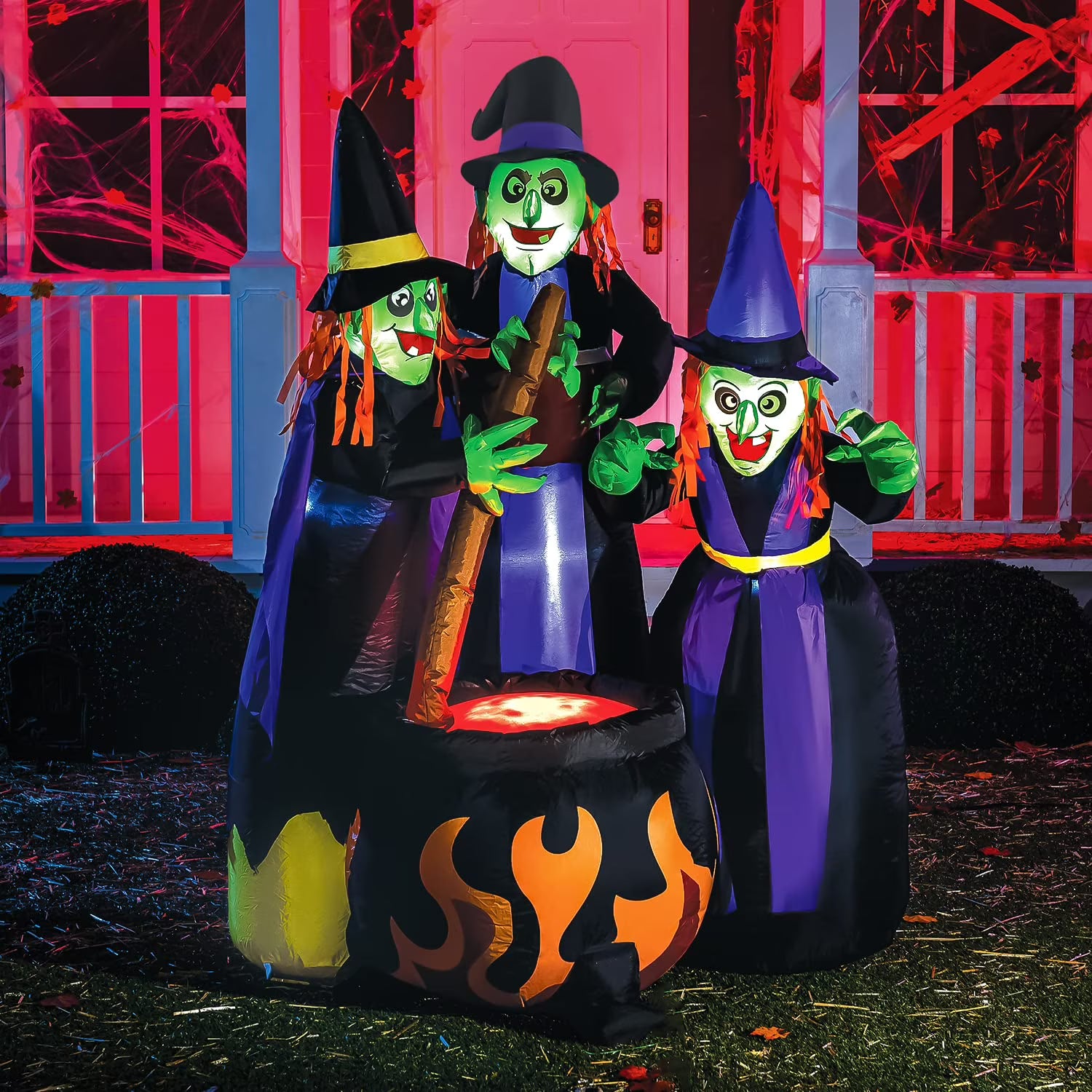 6 FT Tall Halloween Inflatable Three Witch Around Cauldron with Flame Light D25339