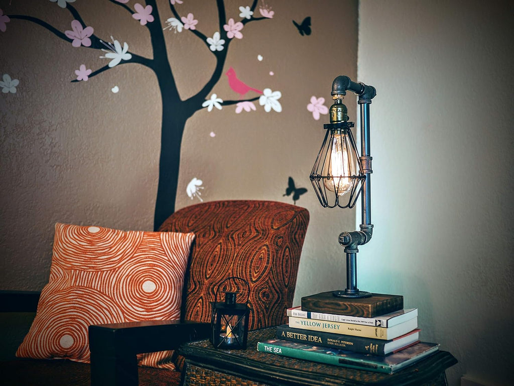 Pack of 2 Steampunk Table Lamp with Wood Base Iron Retro Lighting S5057