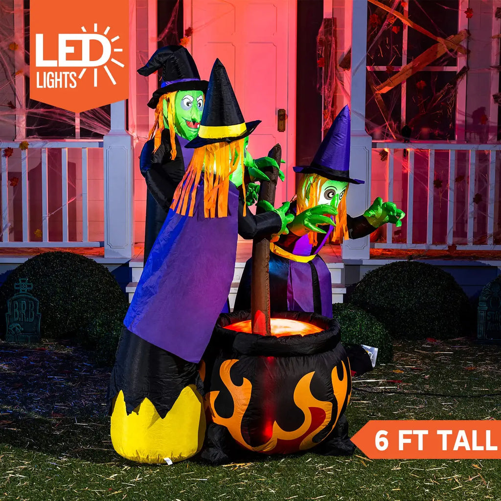 6 FT Tall Halloween Inflatable Three Witch Around Cauldron with Flame Light D25339
