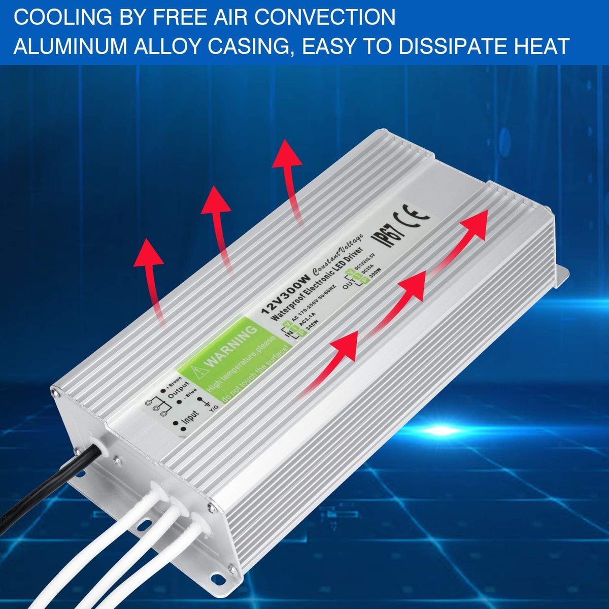 LEDMO IP67 Power Supply 300 Watts DC12V 25A AC/DC Driver Transformer Adapter Low Voltage Output with 3-Prong Plug 3.3 Feet Cable Y514