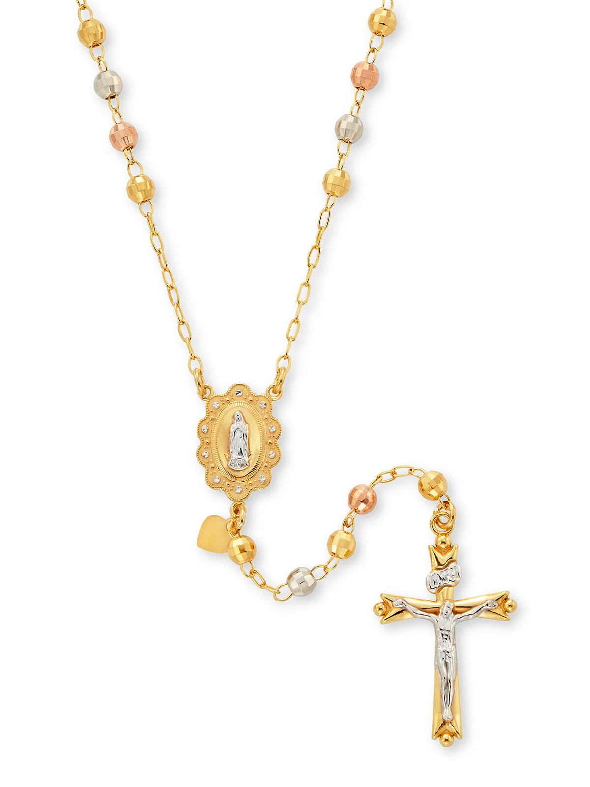 14K Gold Plated Sterling Silver Tri Color Beads Rosary Necklace 26" V9547