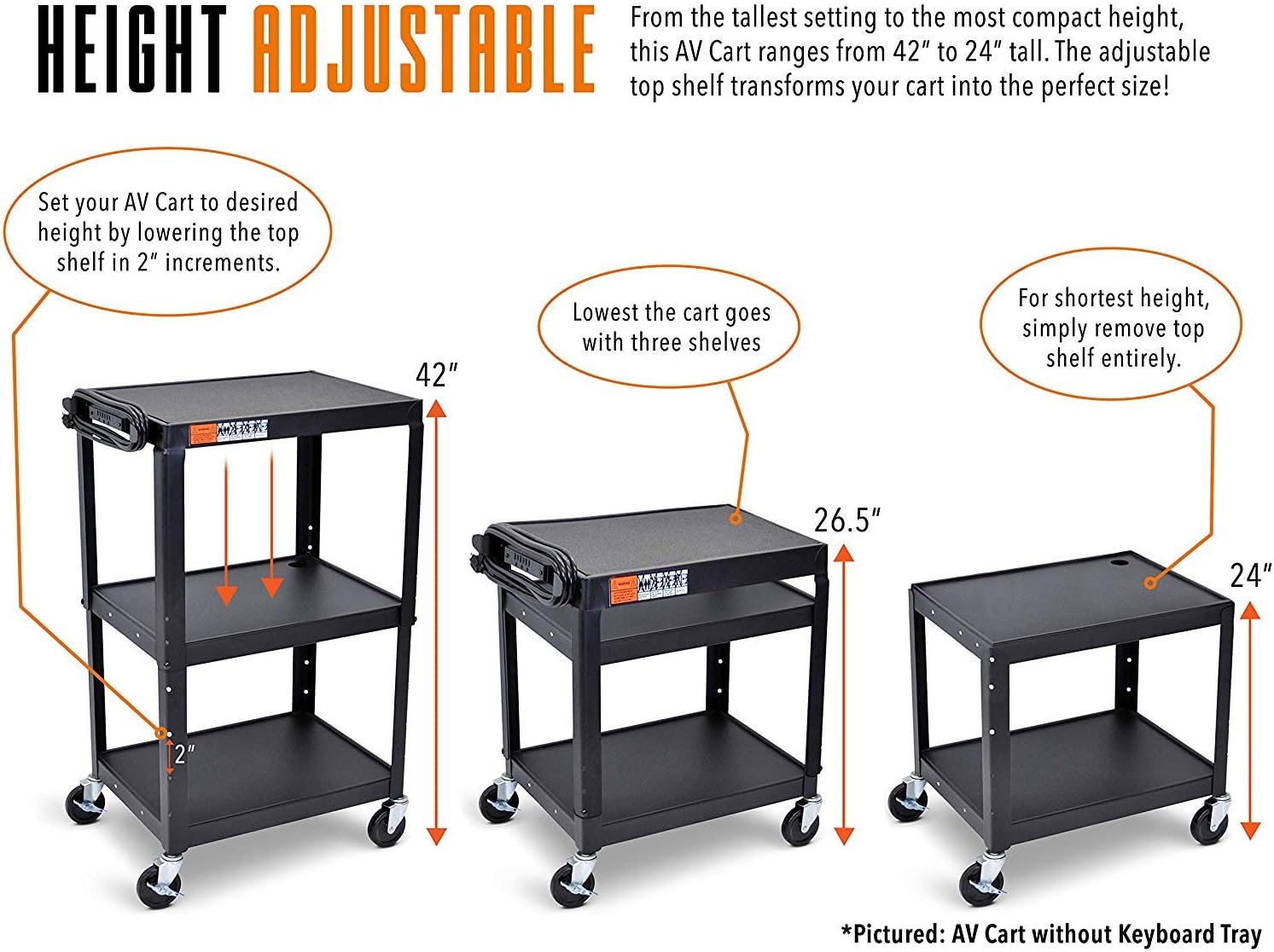 AV Cart on Wheels with Height Adjustable Top Shelf, Pullout Keyboard Tray, 15 ft Power Cord, 42in x 24in x 18in, Black Q56535