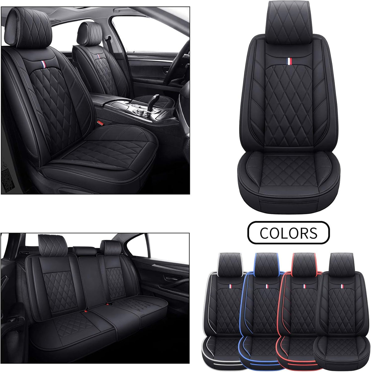5 Car Seat Covers Full Set Waterproof Leather Automotive Cushions Split Bench 40/60 Universal (Full Set, Black-Blue) O12474