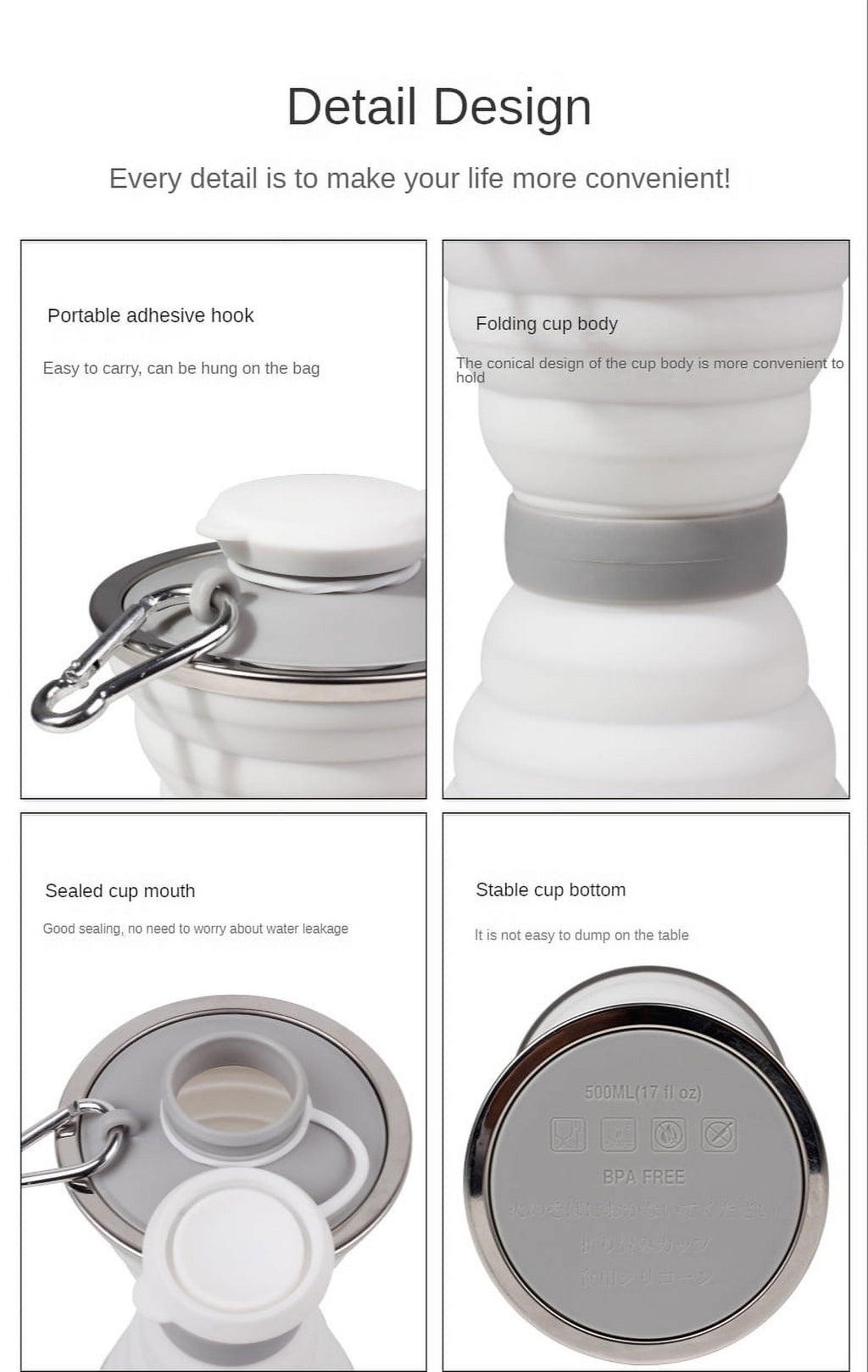 Collapsible Silicone Water Bottle with Carabiner K44588