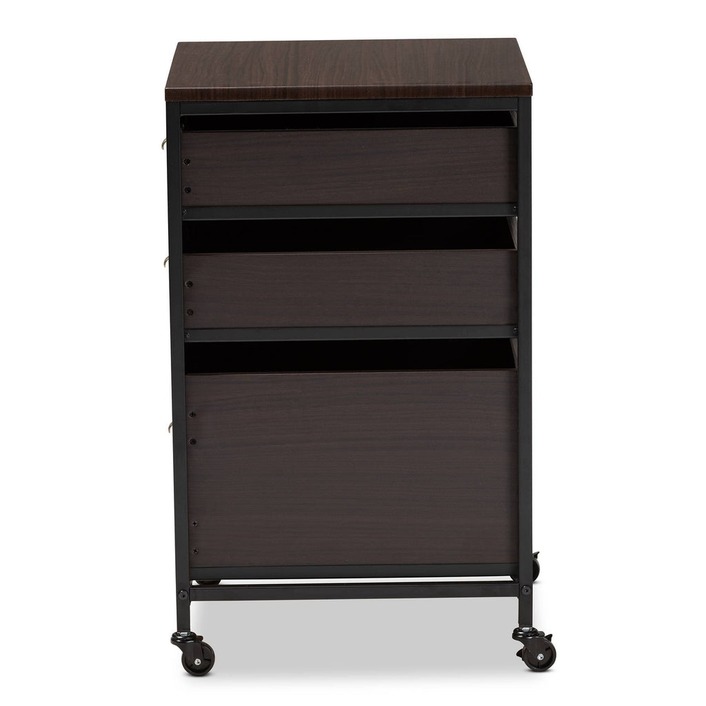 Espresso Wood and Black Metal Mobile File Cabinet 3-Drawer O2602