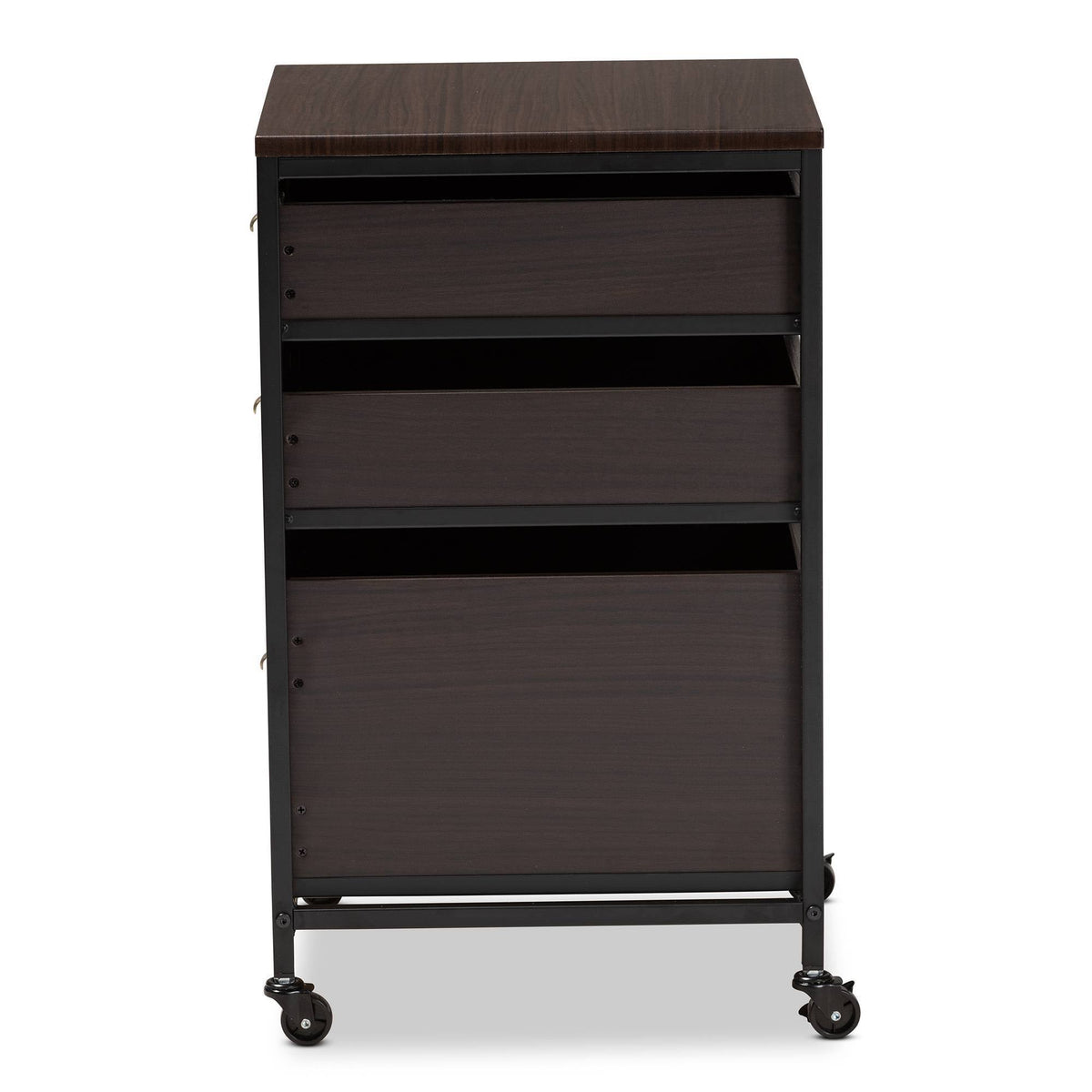 Espresso Wood and Black Metal Mobile File Cabinet 3-Drawer O2602