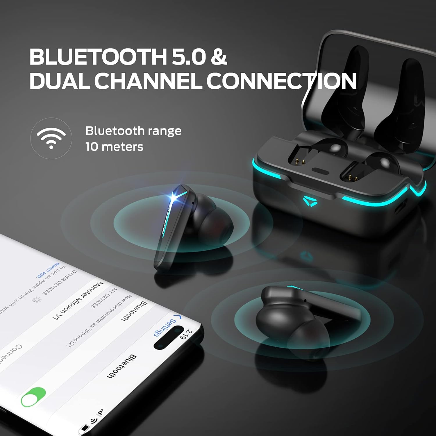 Black TWS Gaming Earbuds with Bluetooth 5.0 C485