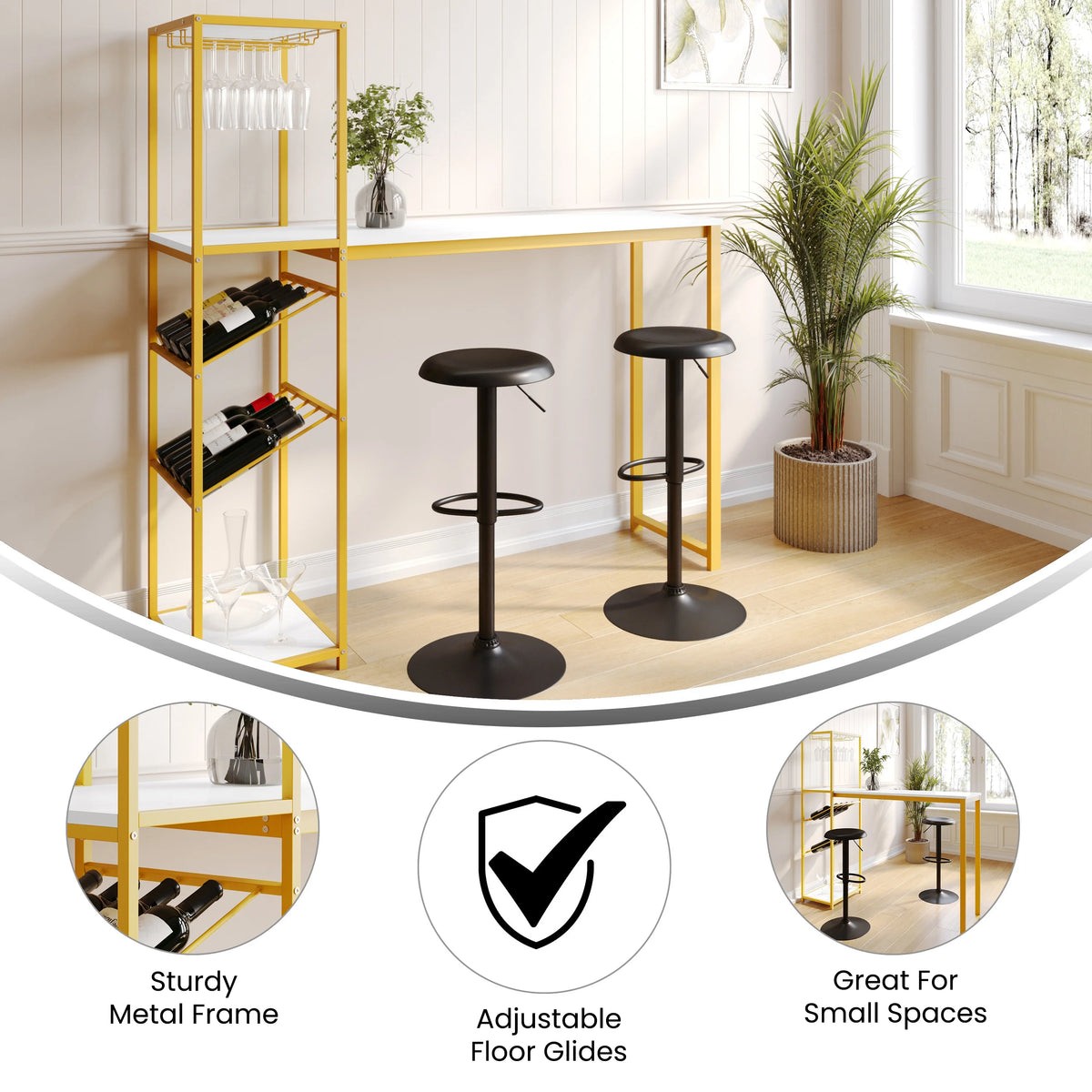 Gold Steel Tube Frame Bar and Wine Table with Faux Marble Melamine Table Top U68275