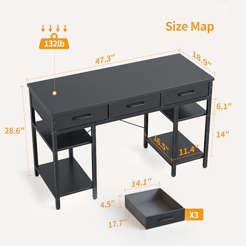 Black 47 Inch Computer Desk with 3 Drawers and Storage Shelves Y1800