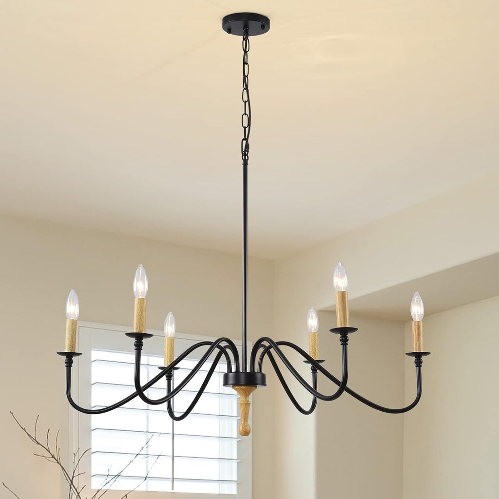 6-Light Candle Ceiling Light Farmhouse Chandelier Wood Rustic Industrial Pendant Lighting V82377