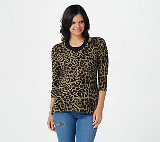 Leopard Brushed Knit Top, Size Medium, Loden T561