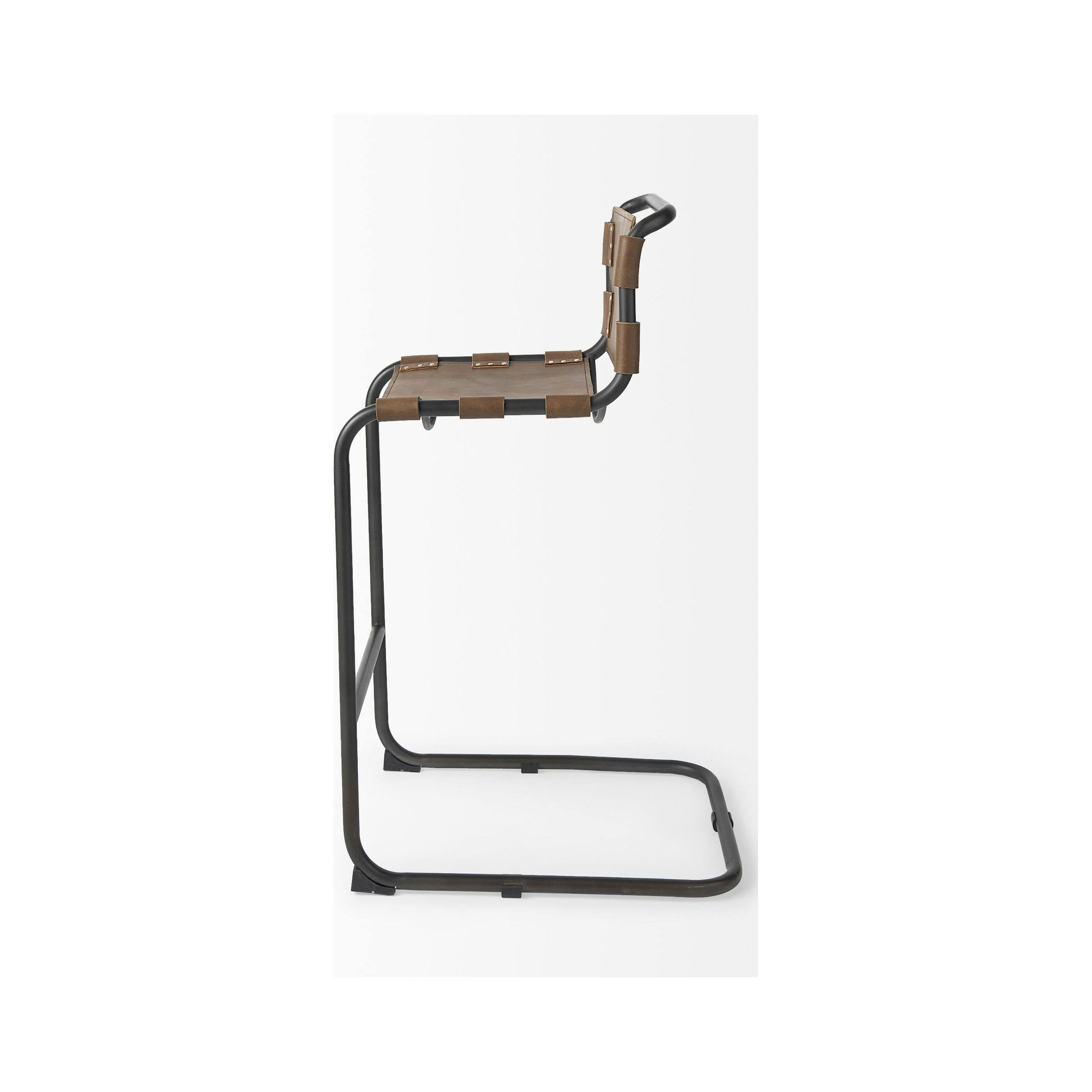 Medium Brown Leather Bar Stool with Iron Frame T814